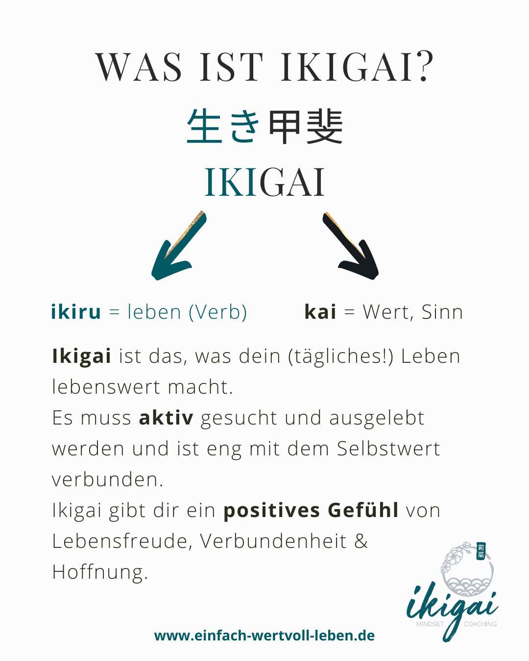 Das japanische Ikigai ist das, was dein tägliches Leben lebenswert macht. Es muss aktiv gesucht werden und ist eng mit dem Selbstwert verbunden. Ikigai gibt dir ein positives Gefühl von Lebensfreude, Hoffnung und Verbundenheit.